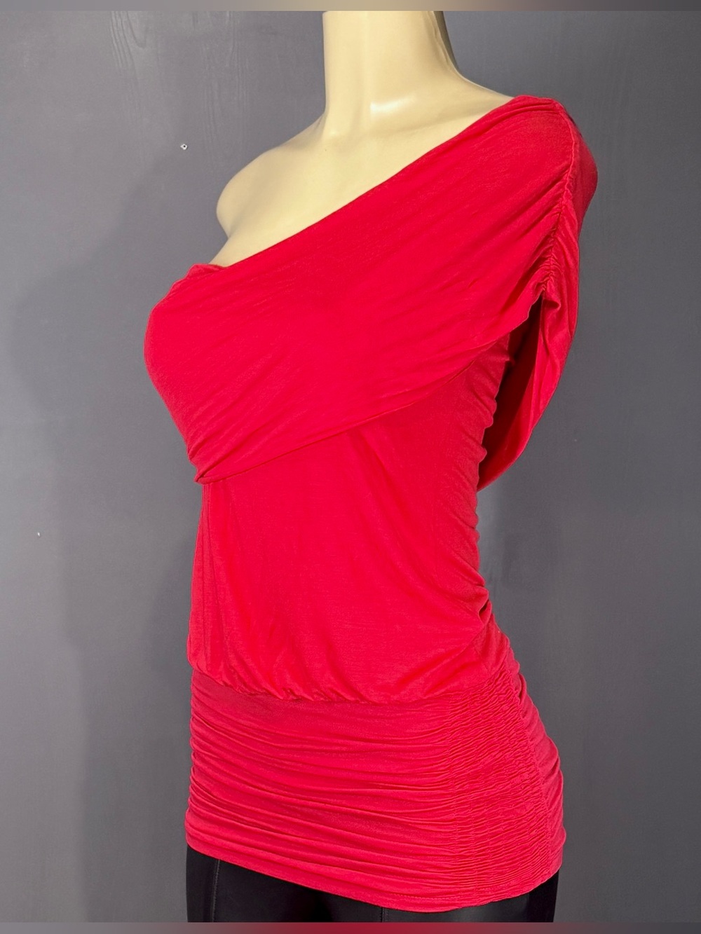 Rubicon Bodycon Red One Shoulder Ruched Top Asymmetrical Women M